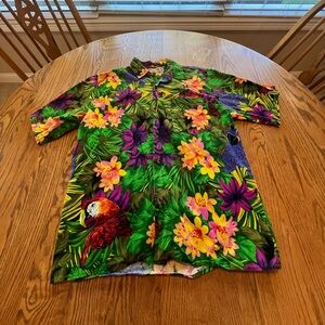 Vintage 90s Whooos Shirt Mens Multi Color Hawiian Parrot Orchid Floral Size M